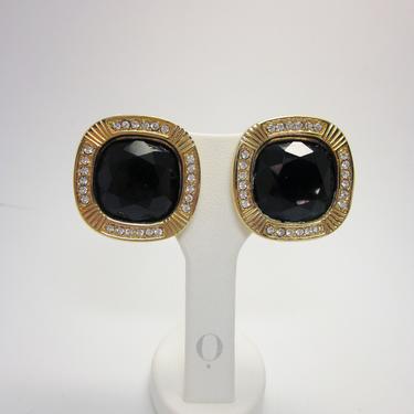 Vintage Swarovski Limited Edition 1980s Faceted Black Crystal Rounded Square Clip On Earrings Dior Chanel Style Crystal Studded Gold Tone 