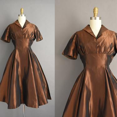 vintage 1950s | Gorgeous 50s Bronze Sweeping Full Skirt Holiday Cocktail Party Dress | Small | 50s dress 