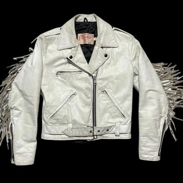 Vintage 1960s/1970s Women's EXCELLED White Leather Motorcycle Jacket ~ size S ~ Biker ~ Fringe ~ 60s / 70s 