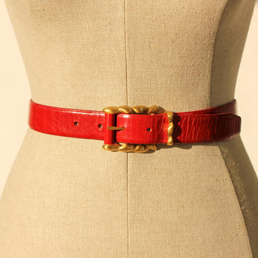 Vintage 80s 90s Linda Allard for Ellen Tracy Red Leather &amp; Matte Gold Buckle Belt | 100% Genuine Buffalo Leather | 1980s 1990s Designer Belt 