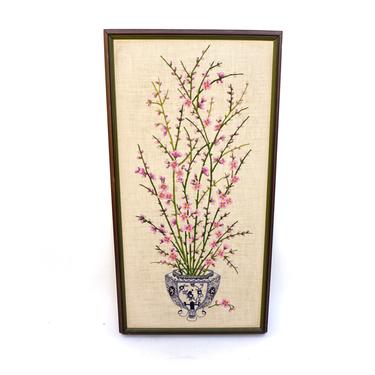 37x19.5 Vintage Chinoiserie Needlepoint Framed Artwork | Blue &amp; White Vase Cherry Blossom Flowers Still Life Textile Art Framed Embroidery 