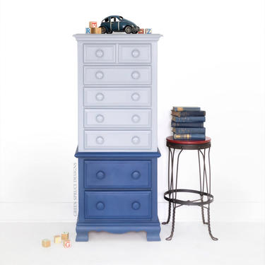AVAILABLE Tall Vintage Dresser, Gray and Blue Painted Chest of Drawers for Ba
