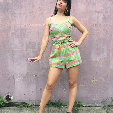 vintage 50s ROXANNE pinup bullet bust playsuit | plaid romper with bloomers 
