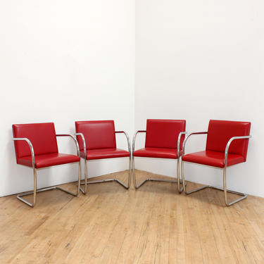 Tubular Steel Brno Chairs Dining Cantilever Red Leather Mies Van der Rohe Thonet 