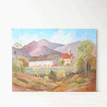 Vintage Landscape Painting of Mountains and a Village, Village Painting, Mountains Painting 