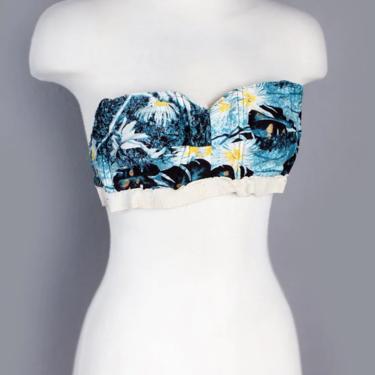 40's - 50's Blue Hawaii Strapless Bra Top Hawaiian Print Cotton Shirt Summer Sun Lingerie, Boned, Cup A/B , 32, 34, Swim Bathing Suit Top 