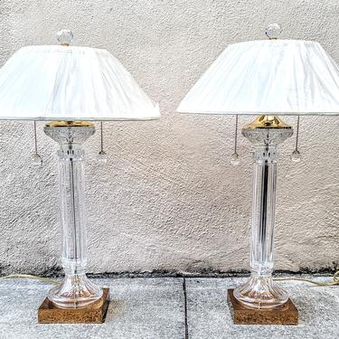 Vintage Brass Accented Columnar Crystal Table Lamps - a Pair