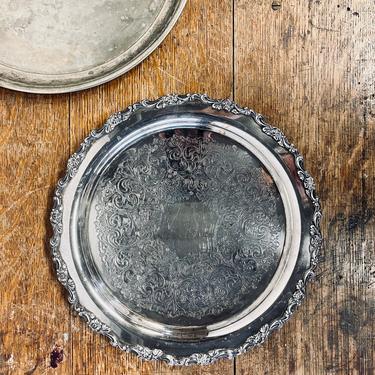 WM A Rogers Oneida Round Silver Serving Tray | Ornate Serving Tray | Platter | Silverplate | Etched | Scalloped Edge Tray 