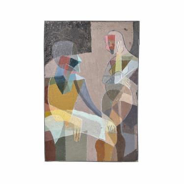 Vintage 1950’s Abstract Cubist Figures Oil Painting Signed Dick Fort 