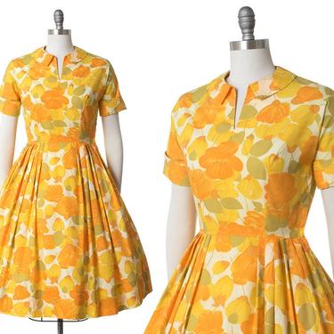 Vintage 1950s Dress | 50s Yellow Floral Printed Cotton Day Dress (medium) 