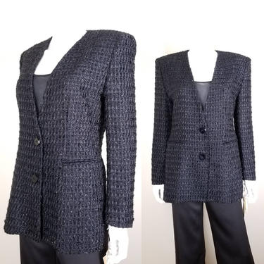 1990s Black Tweed Jacket, Small ~ Vintage Deadstock ~ Shiny Structured Fitted Blazer ~ Dana Buchman Long Cocktail Jacket Sportcoat 