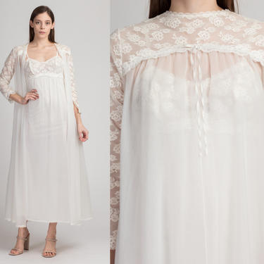 1960s Vanity Fair White Lace Peignoir Set - Extra Small | Vintage 60s Negligee Nightgown Sheer Maxi Dress & Robe 