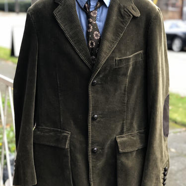 Ralph Lauren vintage 90s corduroy professor blazer jacket leather elbow patches olive green 100% cotton 