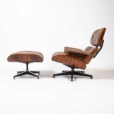 Restored 2nd Gen Eames Lounge Chair and Ottoman in Original Beige Leather 