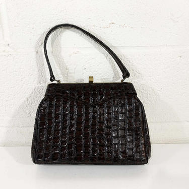 Vintage Handbag Bag Leather 1950s 1960s Purse Satchel Brown Gold Snap Kisslock Structured Evening 
