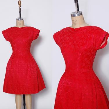 Vintage 50s red brocade dress / 50s fit and  flare dress / R&amp;K Originals dress / pin up dress / rose print dress 