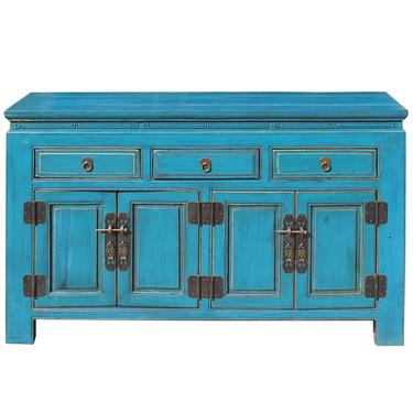 Oriental Distressed Rustic Teal Blue Lacquer Console Table Cabinet cs4634S