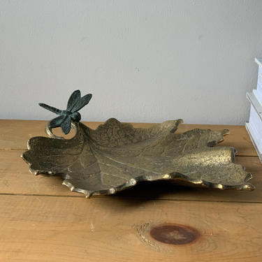Brass Maple Leaf Dish with Dragonfly 