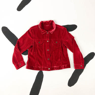 90s Red Corduroy Denim Style Jacket with Crushed Velvet Details / Grunge / Medium / Cord / Wide Wale / Chunky / Clueless / 1990s / Friends 