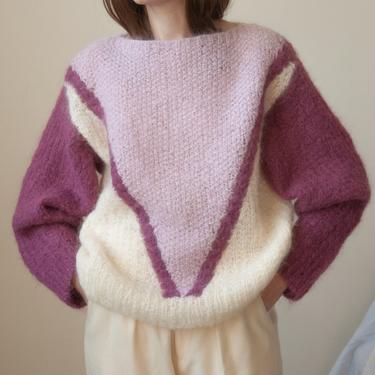 6584t / hand knit mohair patterned boat neck sweater / s / m / l 