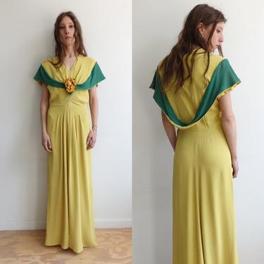 Vintage 30s Crepe Gown with Silk Flower/1930s Draped Back Green Yellow Chartreuse Long Dress/ Small 