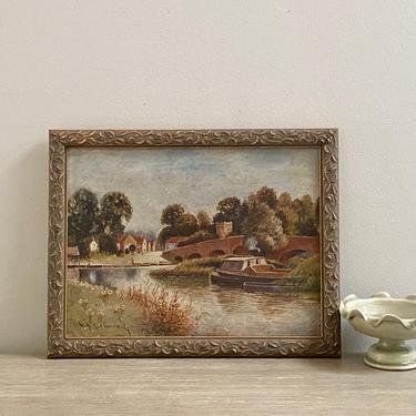 Small English Oil Painting Original Signed Sonning Village River on Thames 