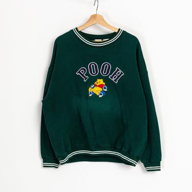 90s Winnie The Pooh Sweatshirt - XL to 2XL | Vintage Green Striped Trim Disney Cartoon Slouchy Pullover 