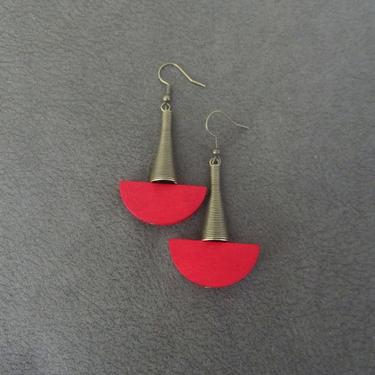 Wood and brass tribal dangle earrings, red Afrocentric African earrings, geometric earrings, mid century modern earrings, bold 