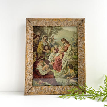 Bernhard Plockhorst Framed Litho, Jesus Blessing the Children Print, Ornate Carved Wood Frame, Religious Wall Art 
