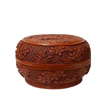 Chinese Red Resin Lacquer Round Flowers Carving Accent Box ws1494E 