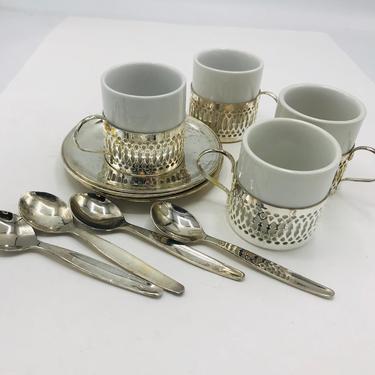 Set of (4) Silverplate espresso coffee holders with white porcelain cups and saucers-and (4) Spoons Paul Revere Silver - Gorham Intl 