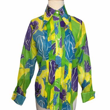 Late 1960s Deadstock Vibrant Bold Mod Floral Tuxedo Shirt 