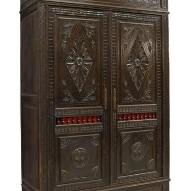 Antique Armoire, Bookcase, French Breton Carved Oak, Spindle,Dark Wood, 1800's!!