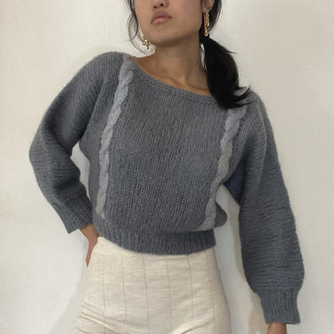 50s hand knit mohair contrast cable sweater / vintage indigo blue Italian mohair cable knit batwing boatneck cropped sweater | S 