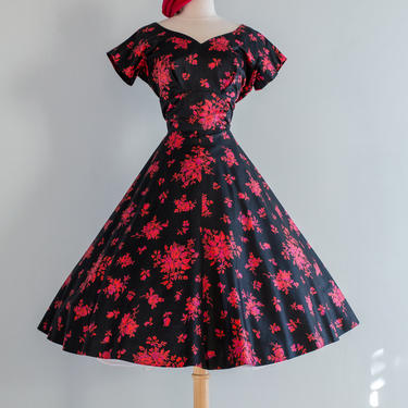 Vintage 1950s Dress - 50s Black Polished Cotton Rose Print Floral Dress With Full Skirt  // Waist 27 by xtabayvintage