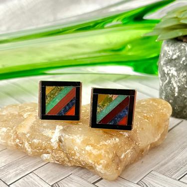 Vintage Cufflinks, Mosaic Natural Stone, Cuff Links, Goldtone Modernist Abstract Artistic 