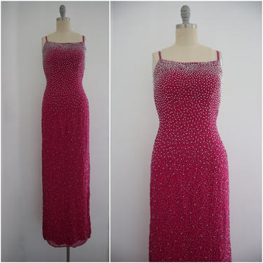 Vintage Fuchsia Backless Sequin Beaded Gown