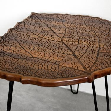 Engraved Walnut Hardwood LEAF with Metal Hairpin Legs - End / Side Table or Night Stand - Modern Mid Century Boho Furniture Design Eames 