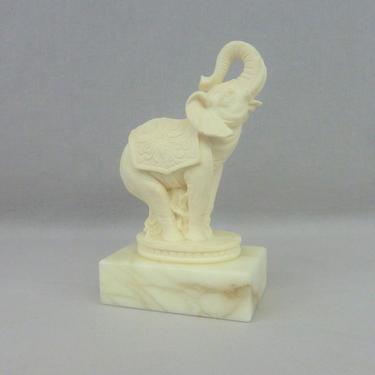 Vintage Circus Elephant Figurine - Carved Off White Alabaster Marble - Trunk Up - Signed A Giannelli Made in Italy 