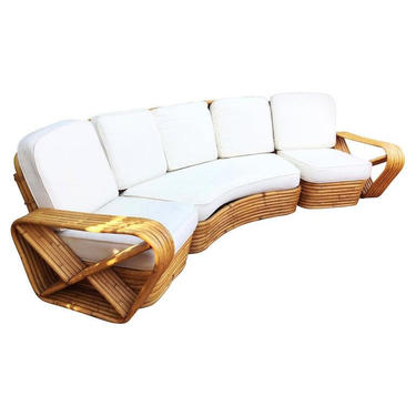 Restored Paul Frankl Style Six-Strand Rattan Five-Seat Curved Sectional Sofa 