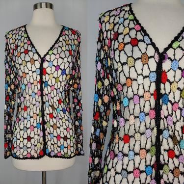 Vintage Nineties Open Knit Crochet Beaded Cardigan - 90s Medium Colorful Net Button Front Top 