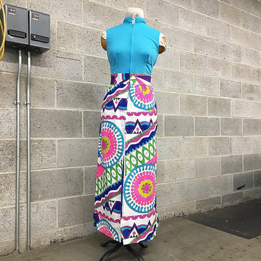 Vintage Maxi Dress 1960s Retro Size 2 Emilio Pucci Style Sleeveless + Ankle Length Zip Front Printed Party Dress by Fashion Wagon 