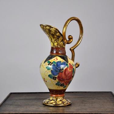 Vintage Ceramic Ewer Amphora Pitcher Vase Belgian Hand Painted Flower Decor Gold Handle 