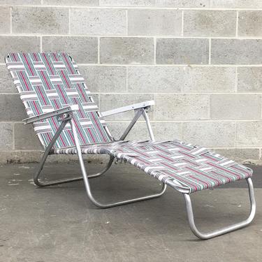 Vintage Lawn Chaise Lounge Retro 1980s Sunbeam + White + Burgundy + Green + Webbed + Aluminum Frame + Patio Furniture + Folds Up + Outdoor 