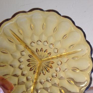 Pretty vintage Anchor Hocking Fairfield Golden Amber 3 section divided appetizer or relish dish - scalloped edge 