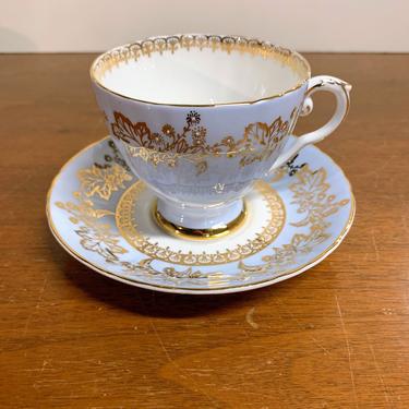 Vintage Royal Grafton Tea Cup and Saucer Gold Leaf and Sky Blue 