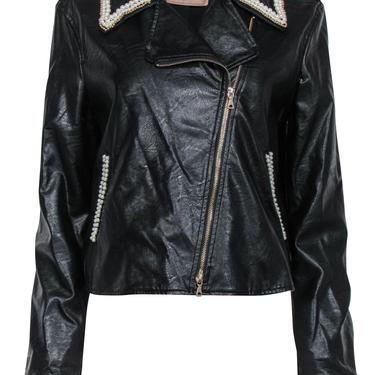 Twinset - Black Faux Leather Moto Jacket w/ Embellished "Love" Logo Sz 12