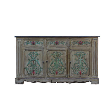 Relief Flower Motif Distressed Cream Yellow White Sideboard Table Cabinet cs5372E 