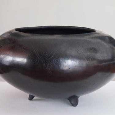 Large Vintage Incised Mexican Black Pottery Bowl Oaxaca 