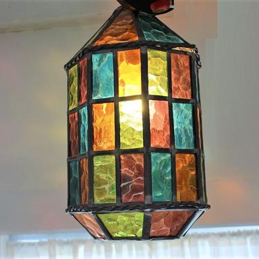 Mid Century Modern Brutalist ceiling light, hanging light stained glass 